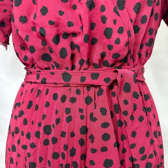 Dark Red Polka Dot Pleated Faux Wrap Dress Size L - Picture 5 of 13